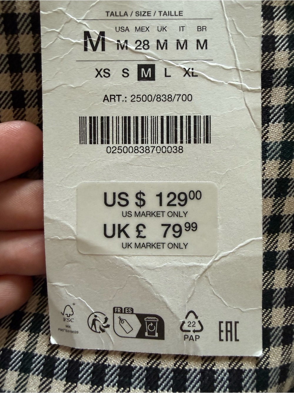 Zara Gingham Midi Skirt M Black Ivory Flared A-Line Lined High Waist NWT - Picture 8 of 8